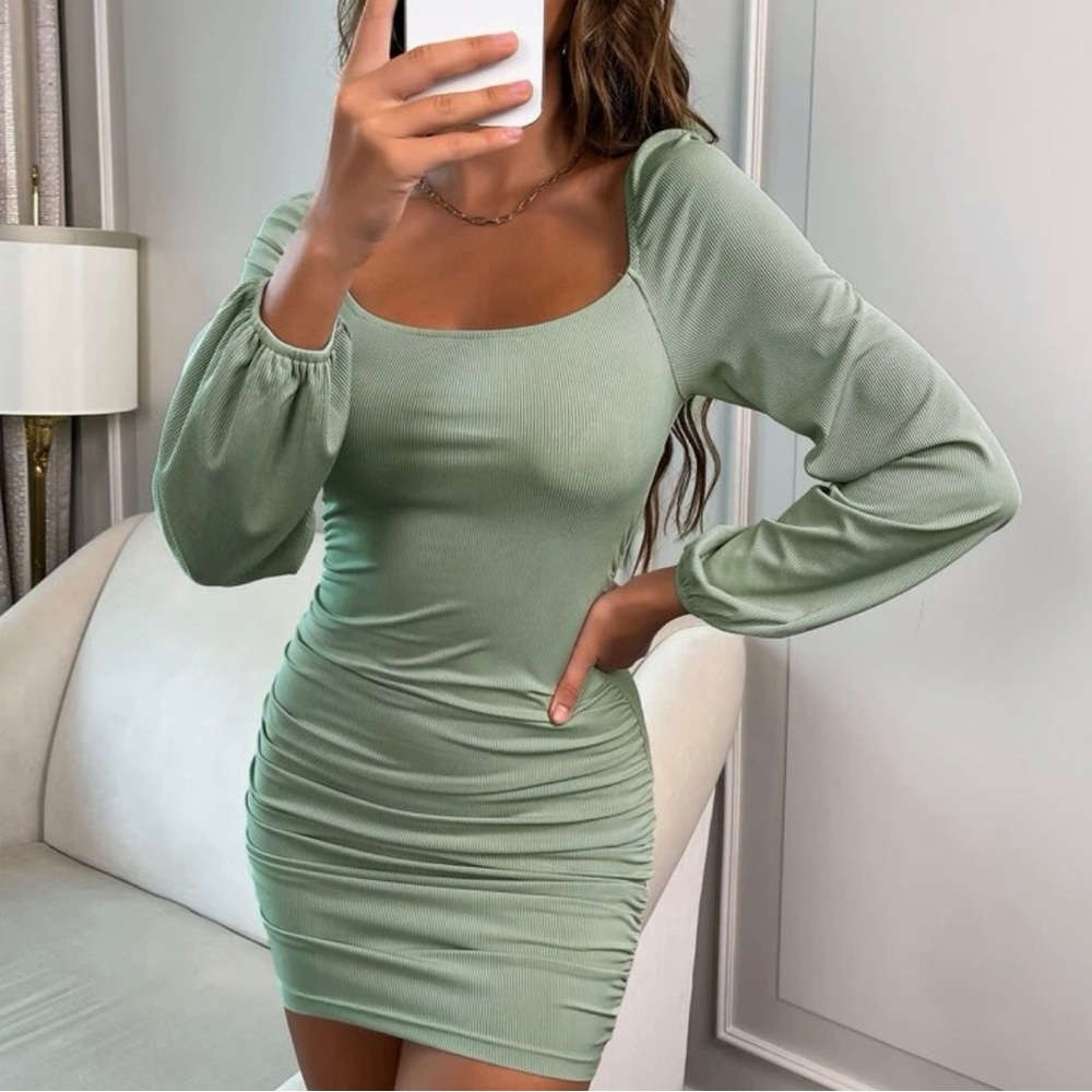 SHEIN Ribbed Knit Scooped Neck Ruched Dresd